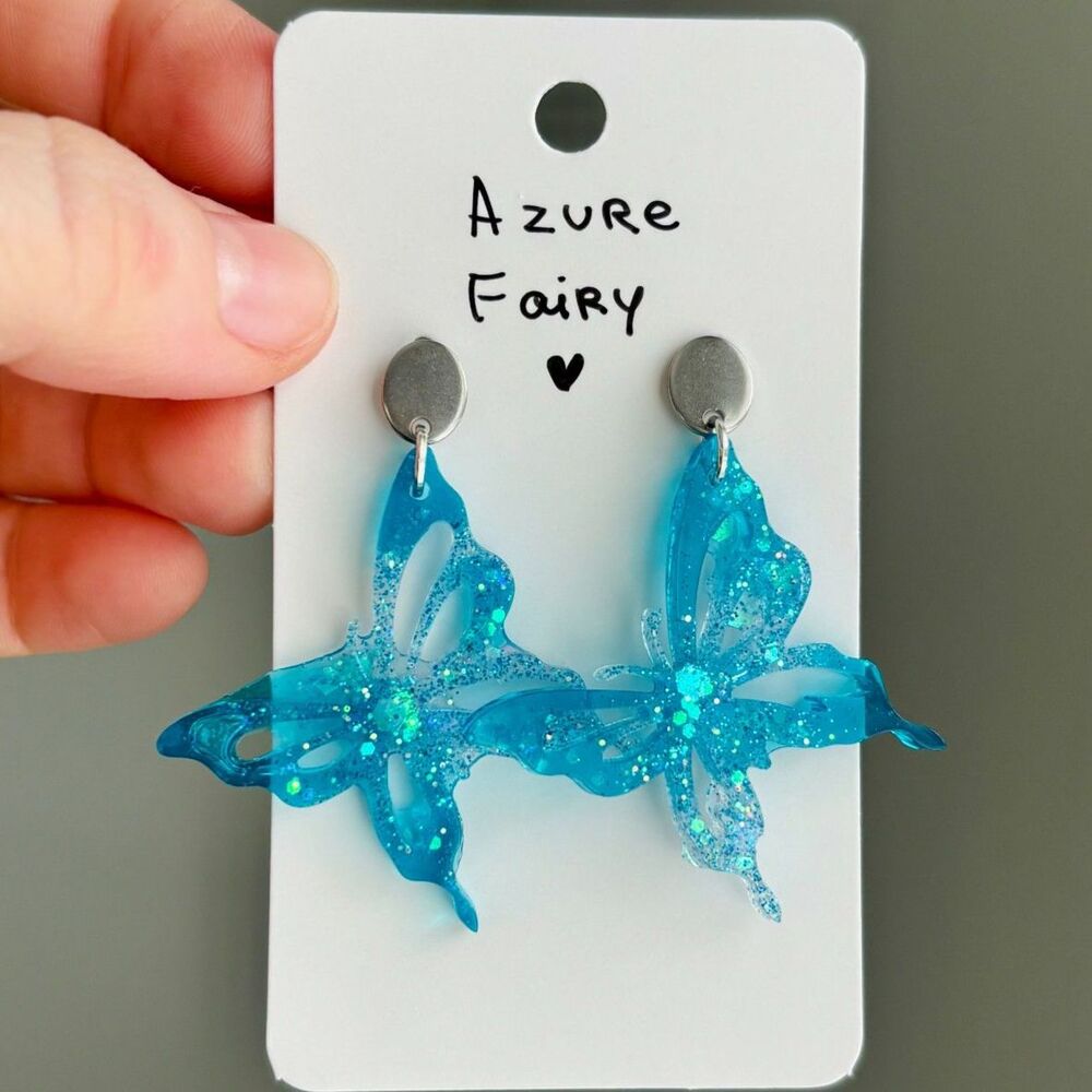 Blue Butterfly Earrings with Glitter, Handmade Resin Dangles with Studs, Jewelry